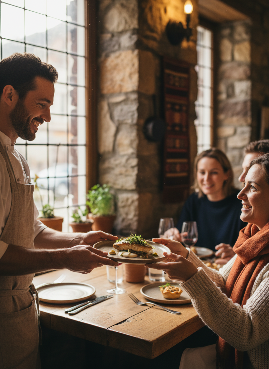 Local chef sharing a plate of food with a guest on a walking tour