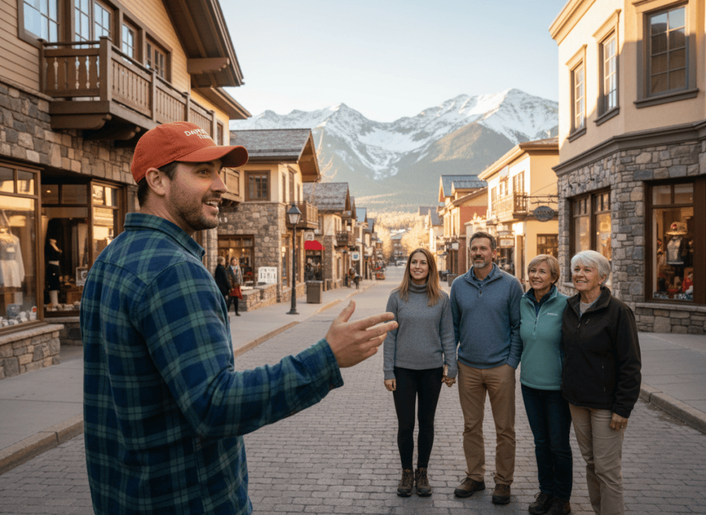 A charismatic tour guide wearing a rust orange baseball hat with white embroidered text "Dayworthy Tours" and a casual flannel shirt, leading a small diverse tour group down a charming mountain town street in Vail, Colorado. The group is a natural mix of ages and sexes — a young couple in their late 20s, a middle-aged couple in their 40s-50s, and an older couple in their late 60s, all casually dressed with no cameras or backpacks. The guide is facing the group slightly, pointing out features of the surroundings and engaging warmly and naturally. The street is lined with alpine-style architecture, boutique shops, and mountain scenery in the background. Warm golden natural light, welcoming and inclusive atmosphere. Wide landscape shot suitable for a full-width hero background image.