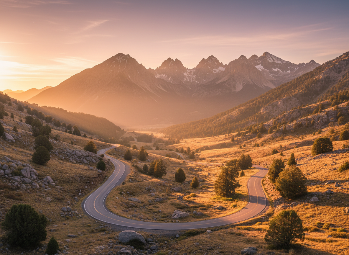 Sweeping golden-hour landscape of a winding mountain road leading toward dramatic peaks