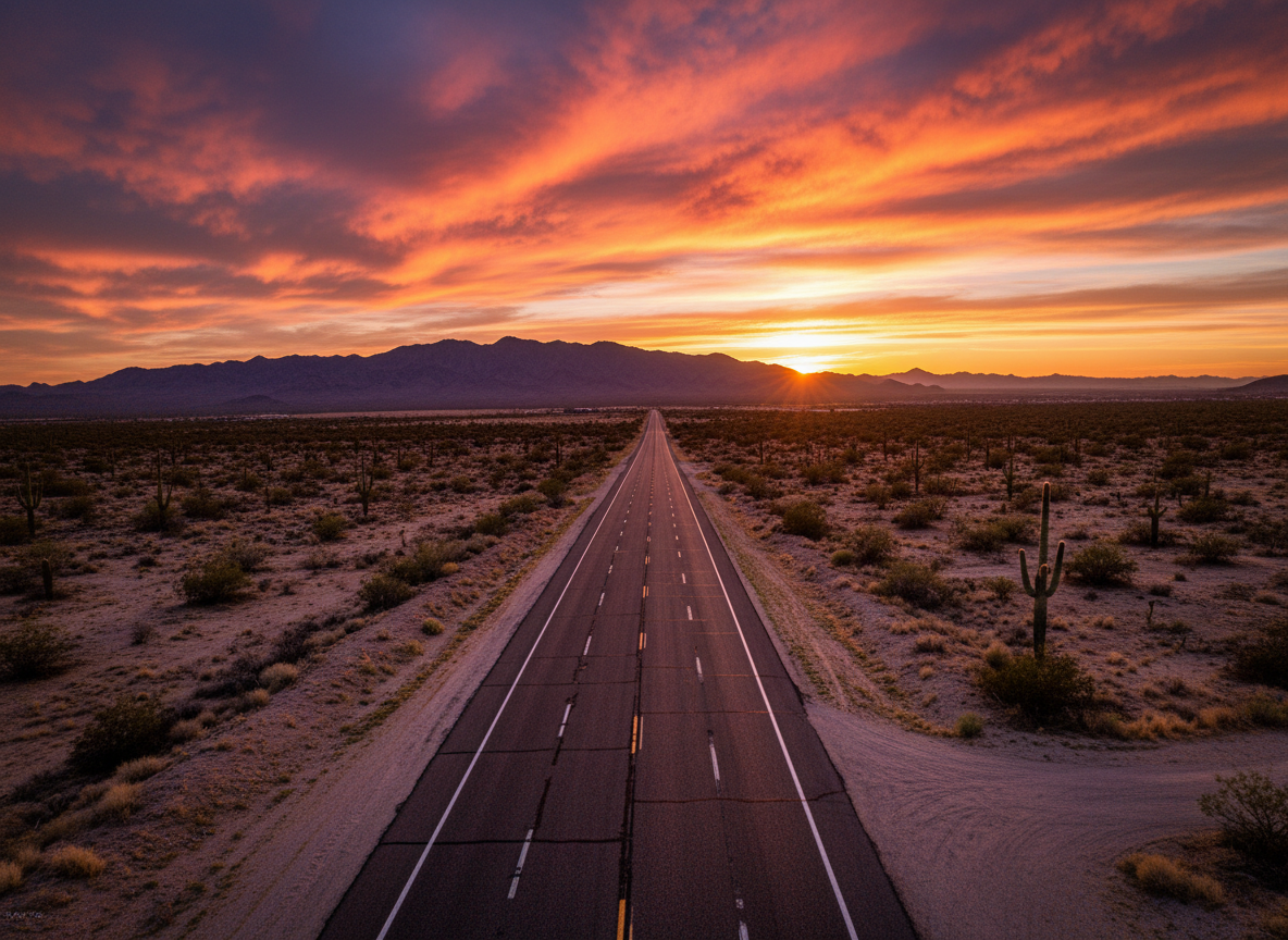 A dramatic wide open highway disappearing into a vast desert landscape under a spectacular sunset sky