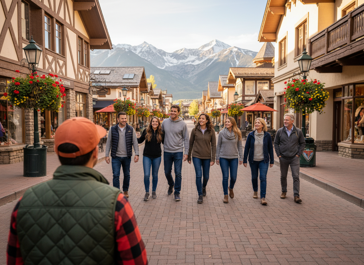 A tour guide standing with their back completely turned to the viewer, wearing a rust orange baseball cap, a red flannel shirt, and a hunter green quilted vest over it. The guide is leading a group of exactly 8 people on a walking tour through the charming pedestrian village streets of downtown Vail, Colorado. The group consists of: 4 younger adults in their 30s (energetic, casually dressed) and 2 couples in their 50s (relaxed, smart-casual vacation wear). The group is spread naturally in front of the guide on the brick-paved pedestrian walkways, some turning to look back, others taking in the surroundings. Beautiful Bavarian-style alpine architecture lines the street — boutique shops, restaurants, flower boxes. Snow-capped mountains visible in the background. Warm golden natural light, wide horizontal composition, candid documentary-style travel photography feel.