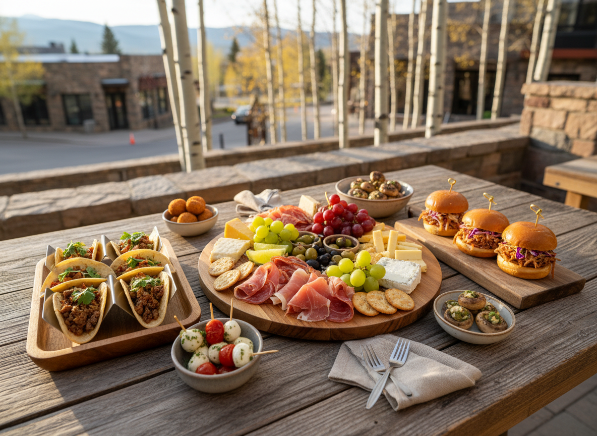 Overhead shot of a casual food tasting spread on a rustic wooden table in an outdoor Vail Village setting. The spread includes a charcuterie board with cured meats, cheeses, crackers and fruit, mini street tacos in small holders, bite-sized sliders on a small tray, and a few other easy finger foods. Everything is portioned for tasting — small, approachable, shareable. Warm natural lighting, relaxed and inviting atmosphere, no formal feast or large platters.