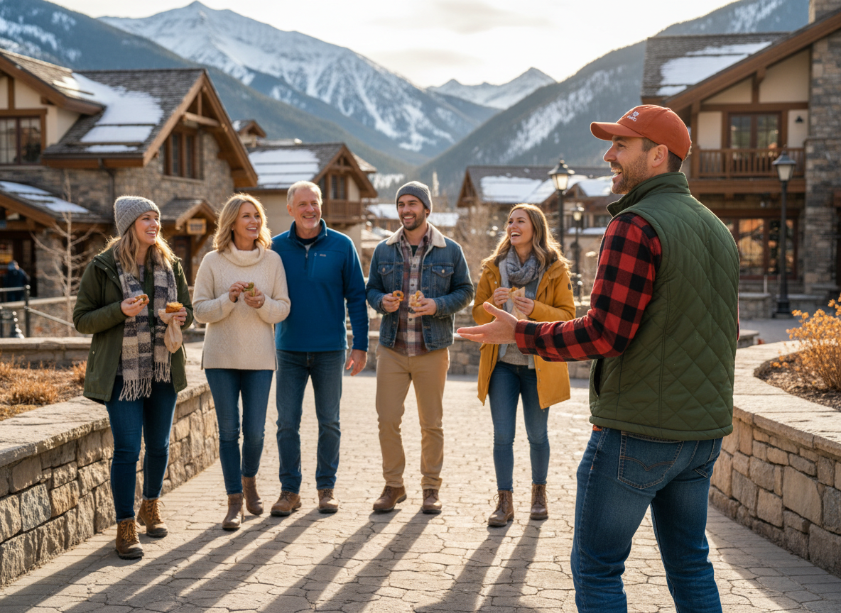 A friendly tour guide wearing a rust orange baseball hat with small white lettering, a red flannel shirt, a hunter green quilted vest, jeans, and hiking shoes, standing with his back slightly turned toward the camera, leading a group of 6 people on a casual walking food tour through Vail Village. The group is a multi-generational family: two parents in their 60s, and two adult children in their 30s each with their spouse. The setting is charming Vail Village with stone paths and alpine architecture. Warm afternoon light, relaxed and candid feel.