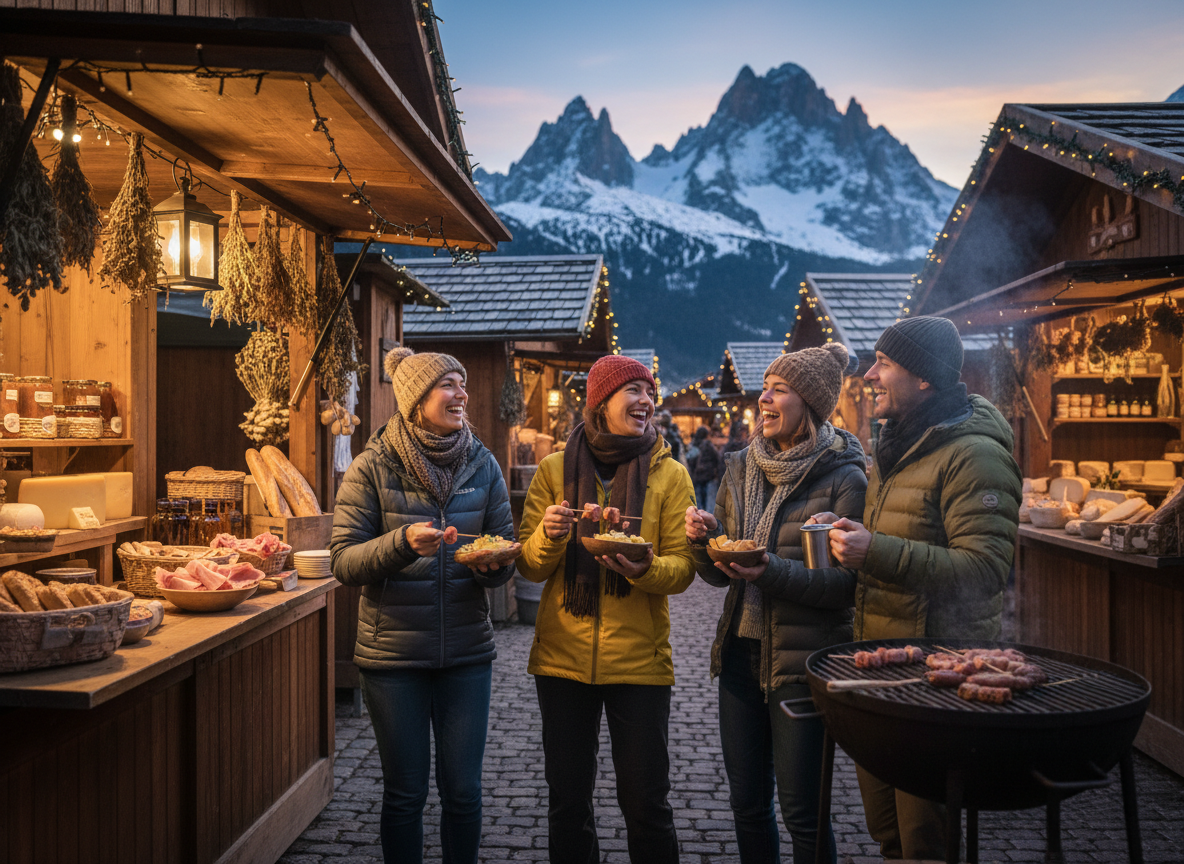 Food tour guests sampling local dishes at a rustic alpine market with snow-capped mountain peaks in the background